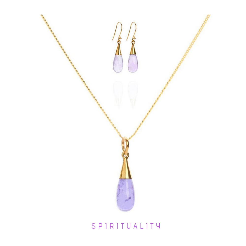 18K Gold Amethyst Crown Chakra Droplet Pendant Necklace & Earrings Gift Set