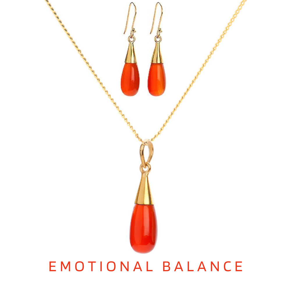 18K Gold Carnelian Sacral Chakra Droplet Necklace and Earring Set