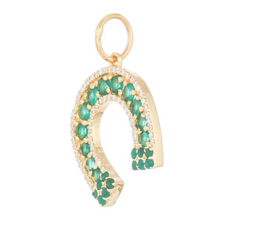 14ct Gold Lucky Horseshoe Diamond And Emerald Pendant Charm