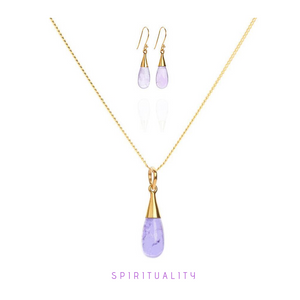 18K Gold Amethyst Crown Chakra Droplet Pendant Necklace & Earrings Gift Set